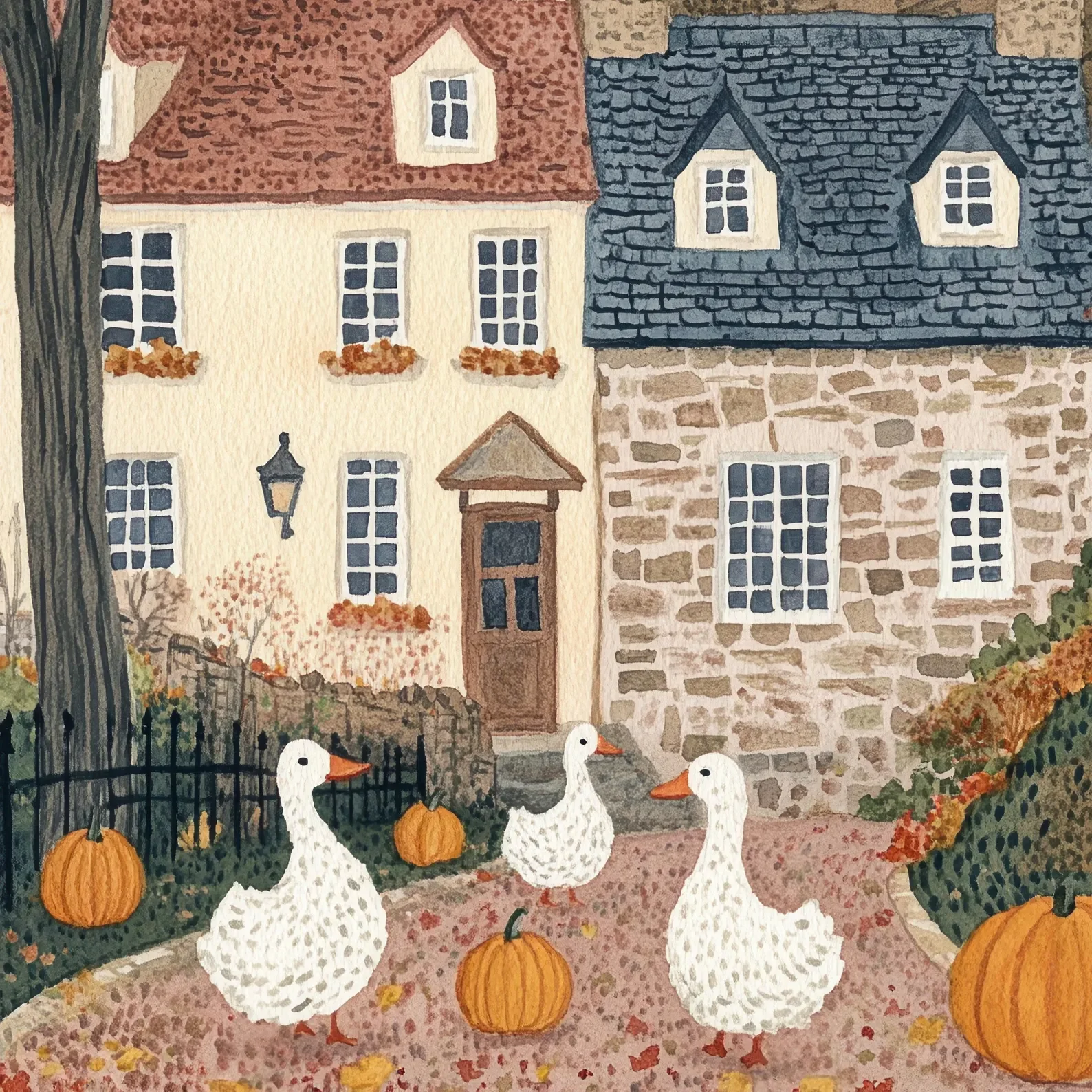 Autumn Village Print Farmhouse Decor Wall Art Duck with Pumpkin Digital Download Fall Pumpkin Printable Cozy Fall Print Rustic
