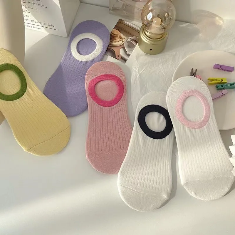 5 Pairs Japanese Style Women Boat Socks Summer Ultra Thin Silicone Dot Anti Slip Heel Solid Color Low Cut Casual Invisible Socks