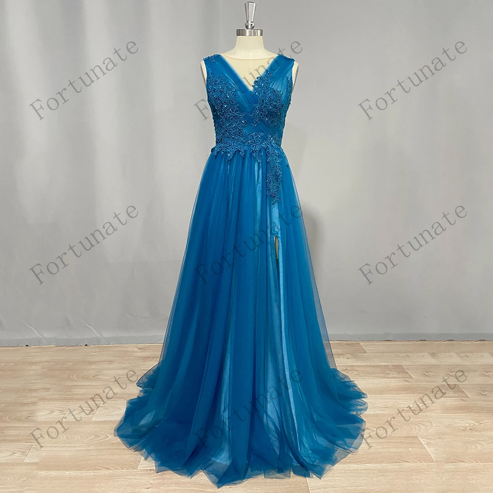 Elegant Peacock Green Evening Dresses Long Prom Gowns Sexy High Split V Neck Backless Party Dresses with Lace Appliques Custom