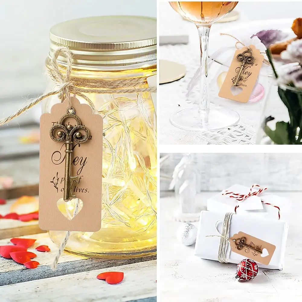 50 Pcs Rustic Vintage Skeleton Key Bottle Opener with Tag Cards Sheer Bag for Guests Wedding Party Favors Souvenir Gifts