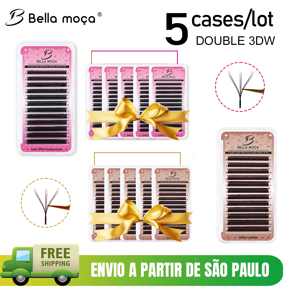 Extensão de Cílios Dupla 3DW Bella Moça 5 Peças Preto/Marrom Faux Mink Premade Fan Lashes Envio do Brasil Frete Grátis