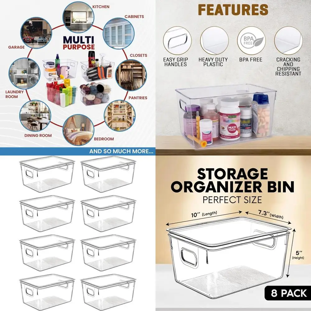 

Kitchen and Pantry Storage Bins with Lids, Stackable Organizers for Fridge, Cabinets, and Food Storage