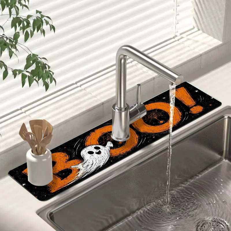 VIKAMA Halloween Boo! Printed Faucet Pad, Kitchen Absorbent Anti Slip Pad, Holiday Atmosphere Pad, Home Decoration