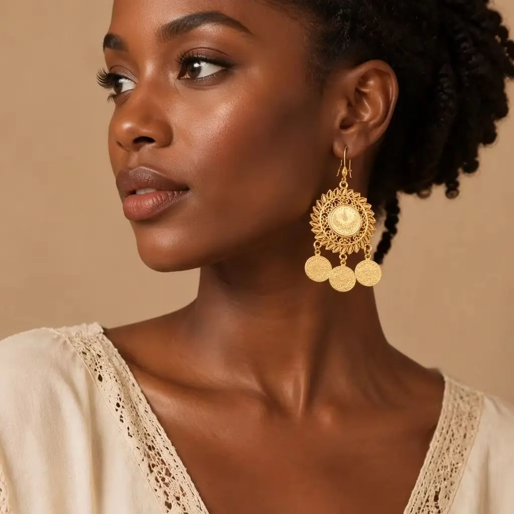 KDE Vintage Boho Ethnic Floral Earrings, Gold Plated Turkish Coin Fashion Accessories, Suitable for Weddings & Daily Wear #00479 view 6