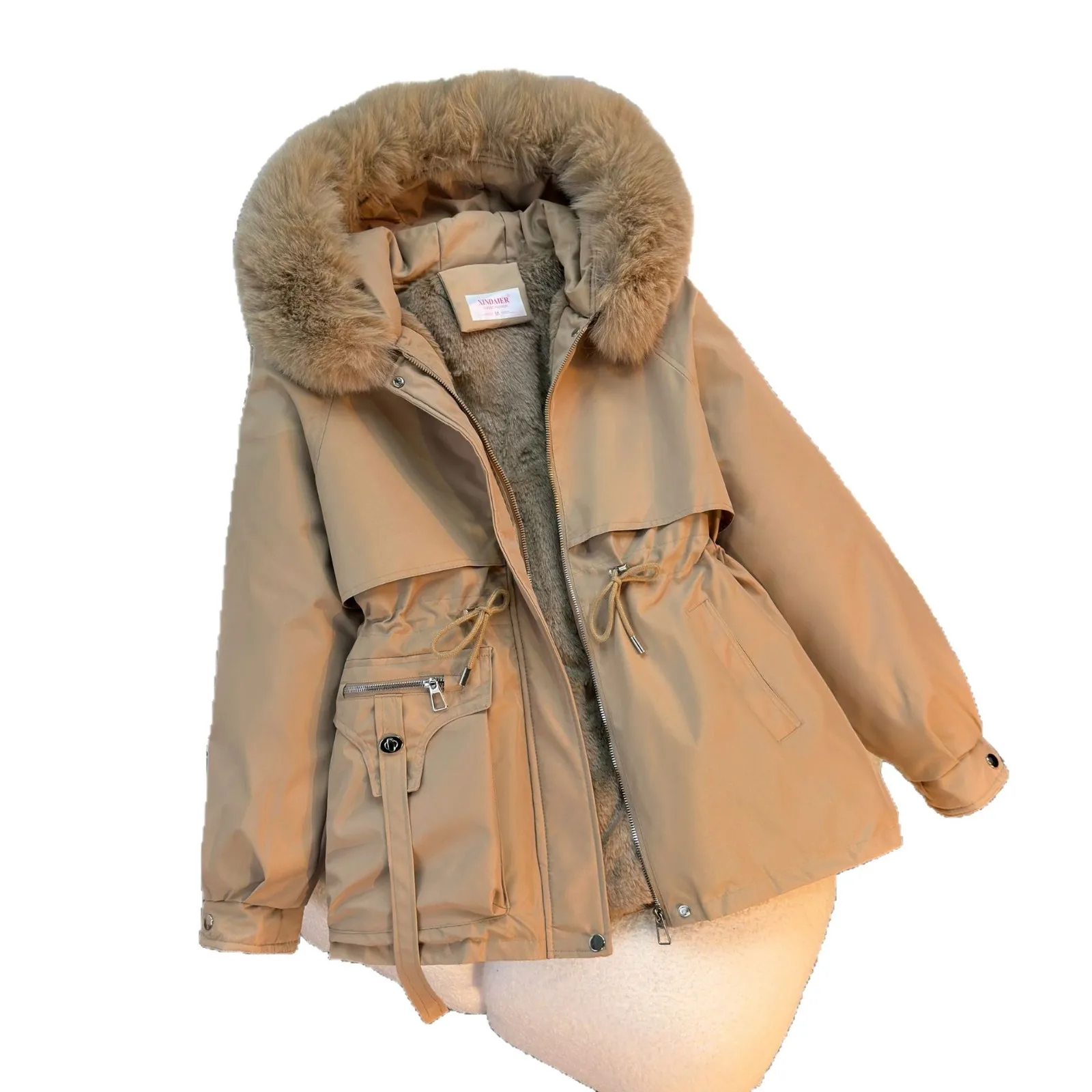 سترة شتوية نسائية طراز جديد لعام 2025 تتميز بياقة كبيرة من الفرو بتصميم عصري ومتعدد الاستخدامات مبطن بالصوف من قطعة واحدة #5