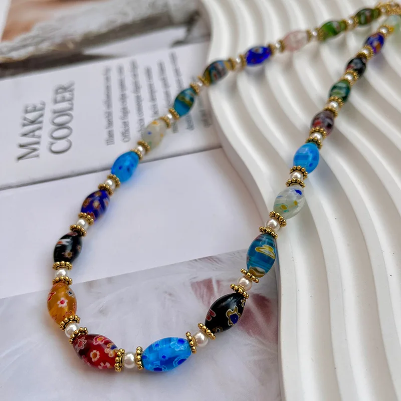 

Retro Coloured Glazed Color Mixed Glass Pearl Fresh Necklace Autumn Winter Fashion Sweet Jewelry High-end Accessories