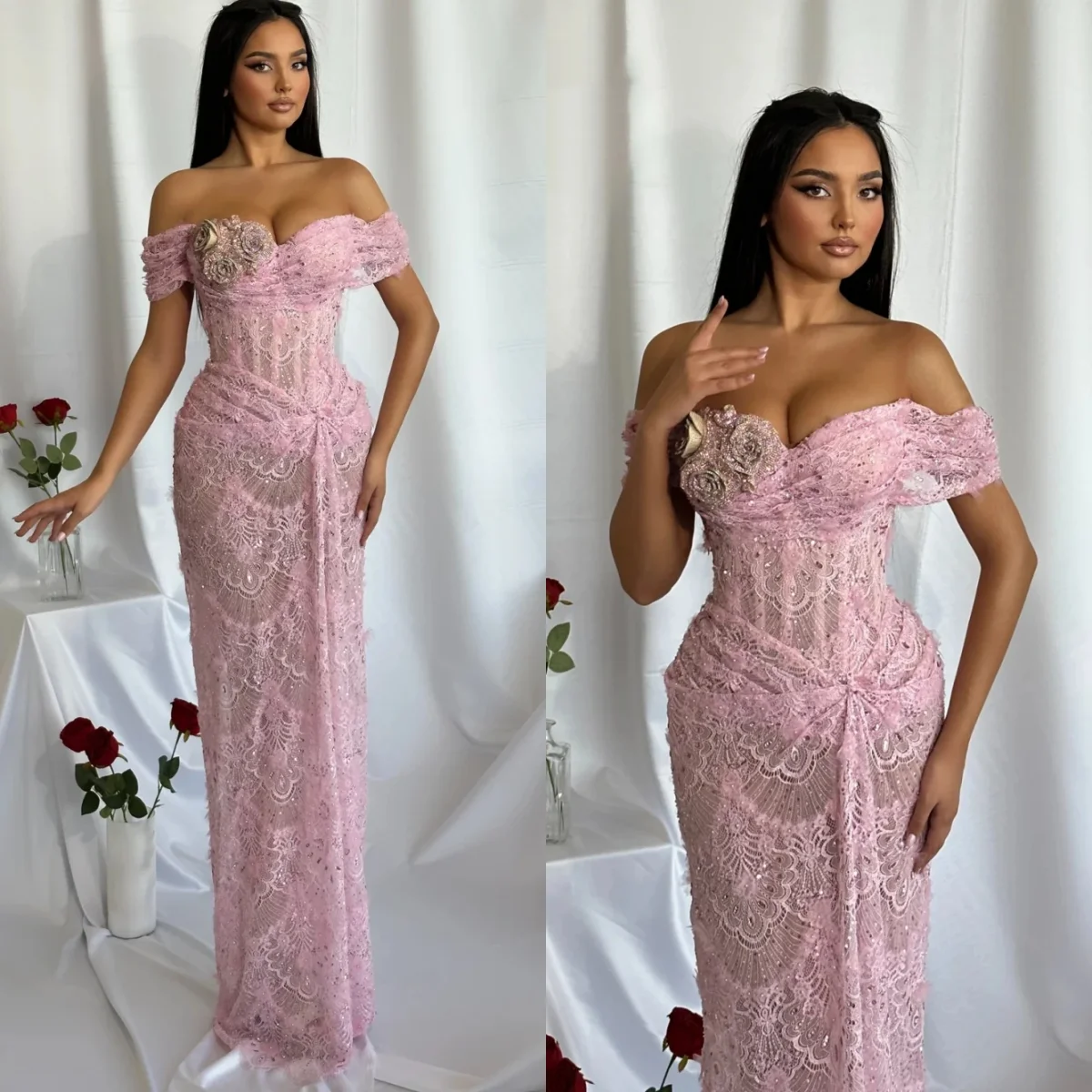 

Designer Evening Dresses Sequins 3D Appliques Gown Off Shoulder Sleeveless Sweep Train Dress Party Customized Dress