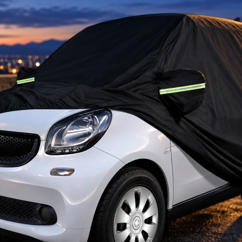 Fleece Vehicle Cover with a Full-Body Black Form and Green Reflective Accents for Outdoor Parking, Garage Storage and Extended