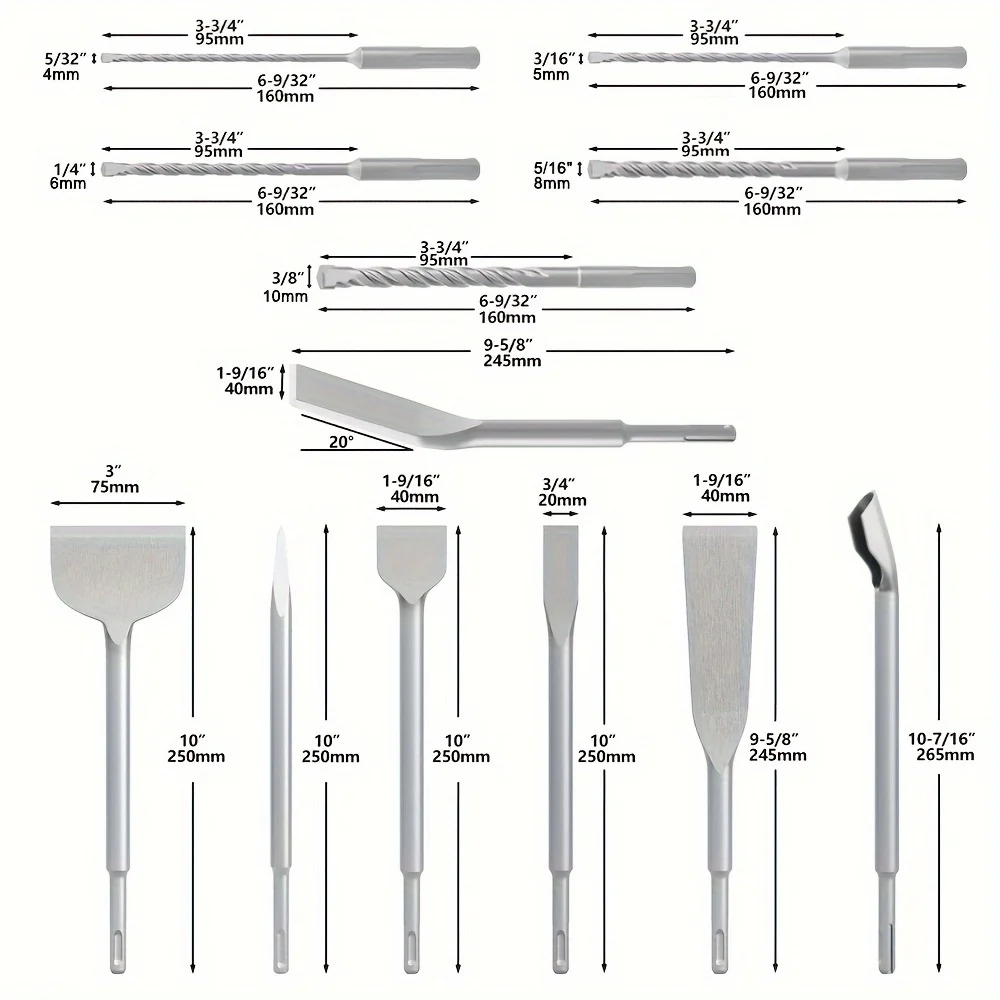 Juego de cinceles de carburo SDS Plus, brocas de martillo rotativo, limpieza de azulejos de hormigón, juego de cinceles de taladro, 12 piezas