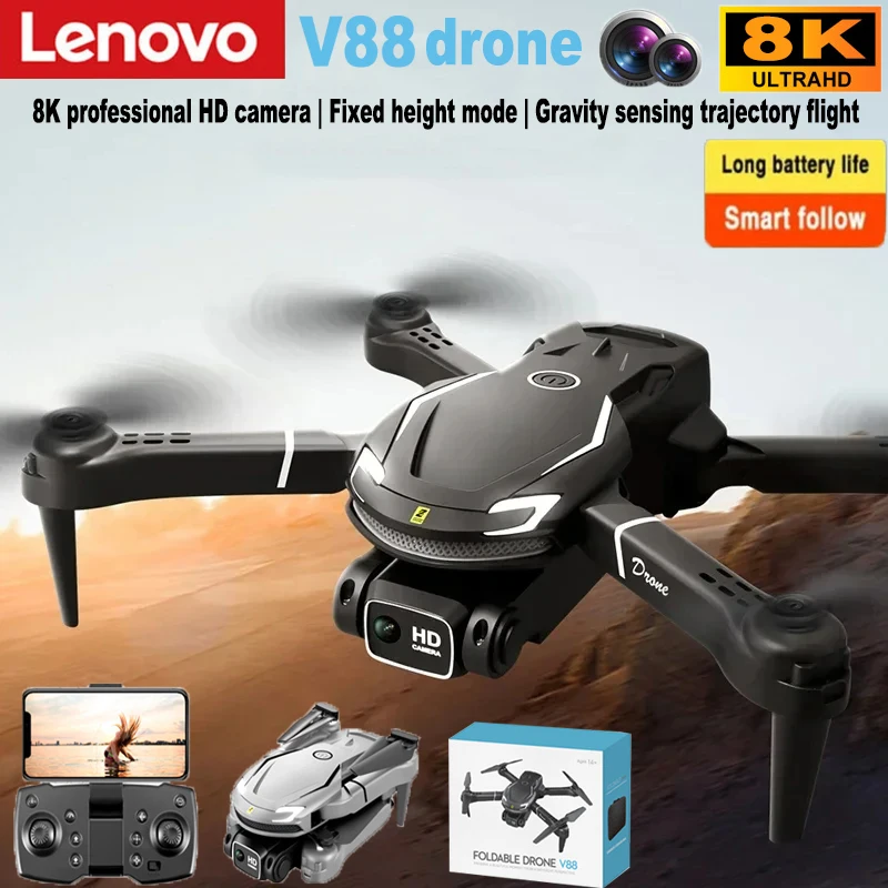Lenovo-Omnidirectional Obstacle Avoidance Drone, Fotografia Aérea Profissional de Quatro Eixos, HD Dual Camera, V88, 5G, GPS, 9000m, 5G