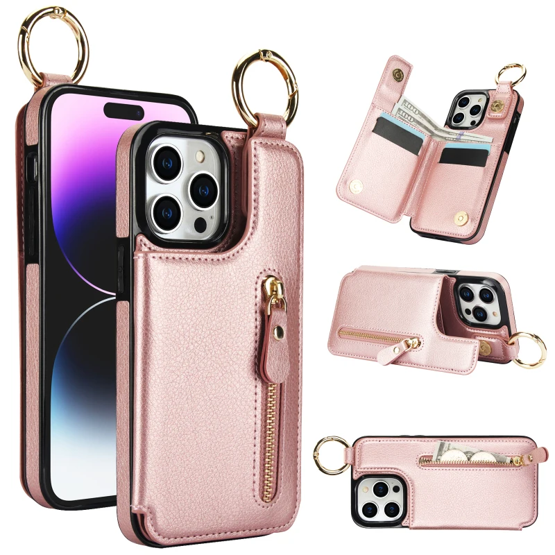 Leather Card Slots Wallet Case For iPhone 11 12 13 14 15 Pro Max 14 Plus X 12mini Zipper Double Buckle Seismic Soft Phone Shell