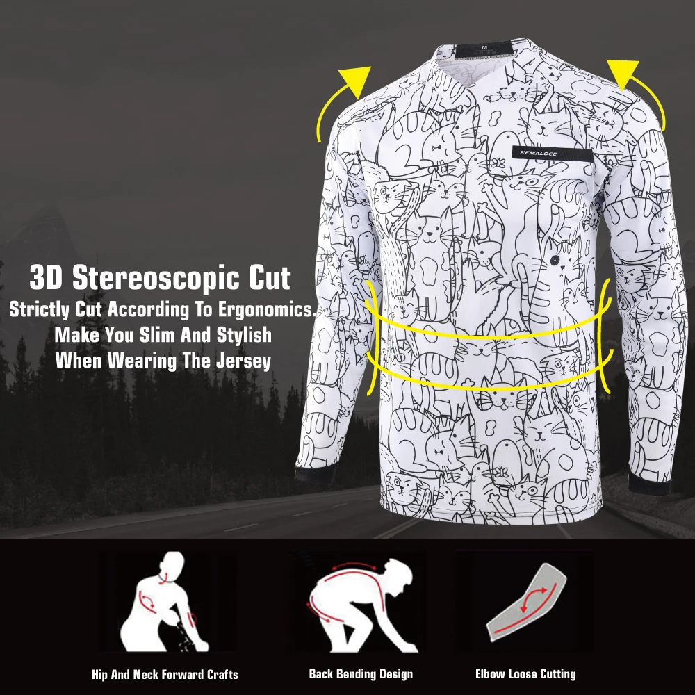 KEMALOCE Motocross Jersey Men Long Sleeves Summer Breathable Cartoon Motorcycle Jersey Loose Offroad BMX DH Downhill Clothing