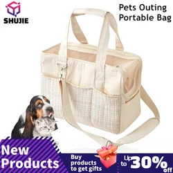 Hanpanda Outing Portable Cotton Canvas Cat Shoulder Bag Dog Bag Lightweight Breathable Mesh Pet Messenger Bag With Pocket&Mat