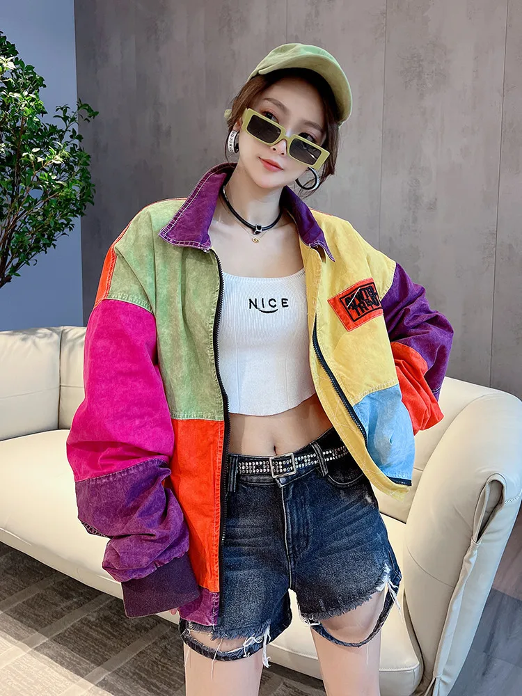 Streetwear Women\'s Spring Retro Baseball Jacket 2023 New Chic Bomber Jackets Loose Polo Collar Long Sleeve Zopper Parka Coat