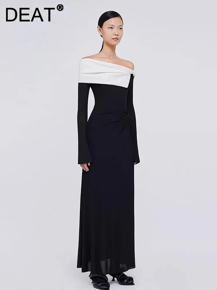 

DEAT Elegant Dress Contrast Color Pleated Slash Neck Asymmetric Slim Women's Evening Party Dresses 2024 Autumn New Tide 13DB4254