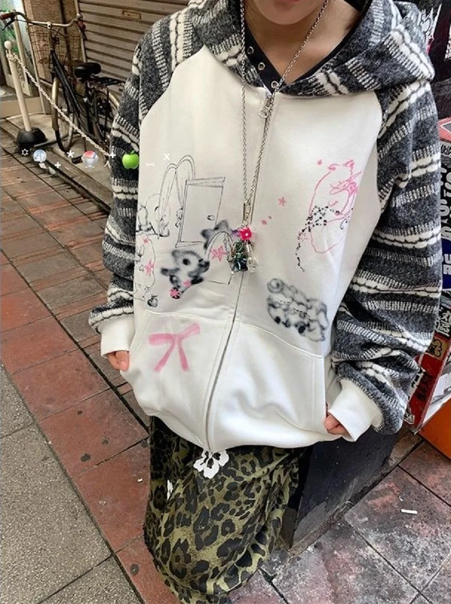 

Subculture Hooded Loose Contrasting Sweatshirt Cardigan Women 2025 Autumn Winter New Niche Design Long-Sleeved Jacket Top