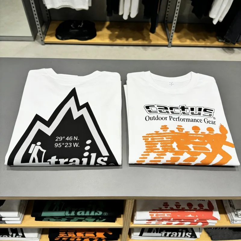 White Summer Street Cactus Jack Tshirts Arrange Running Stickman Flame Triangle Round Neck Short Sleeve Men Women Sports Outfit