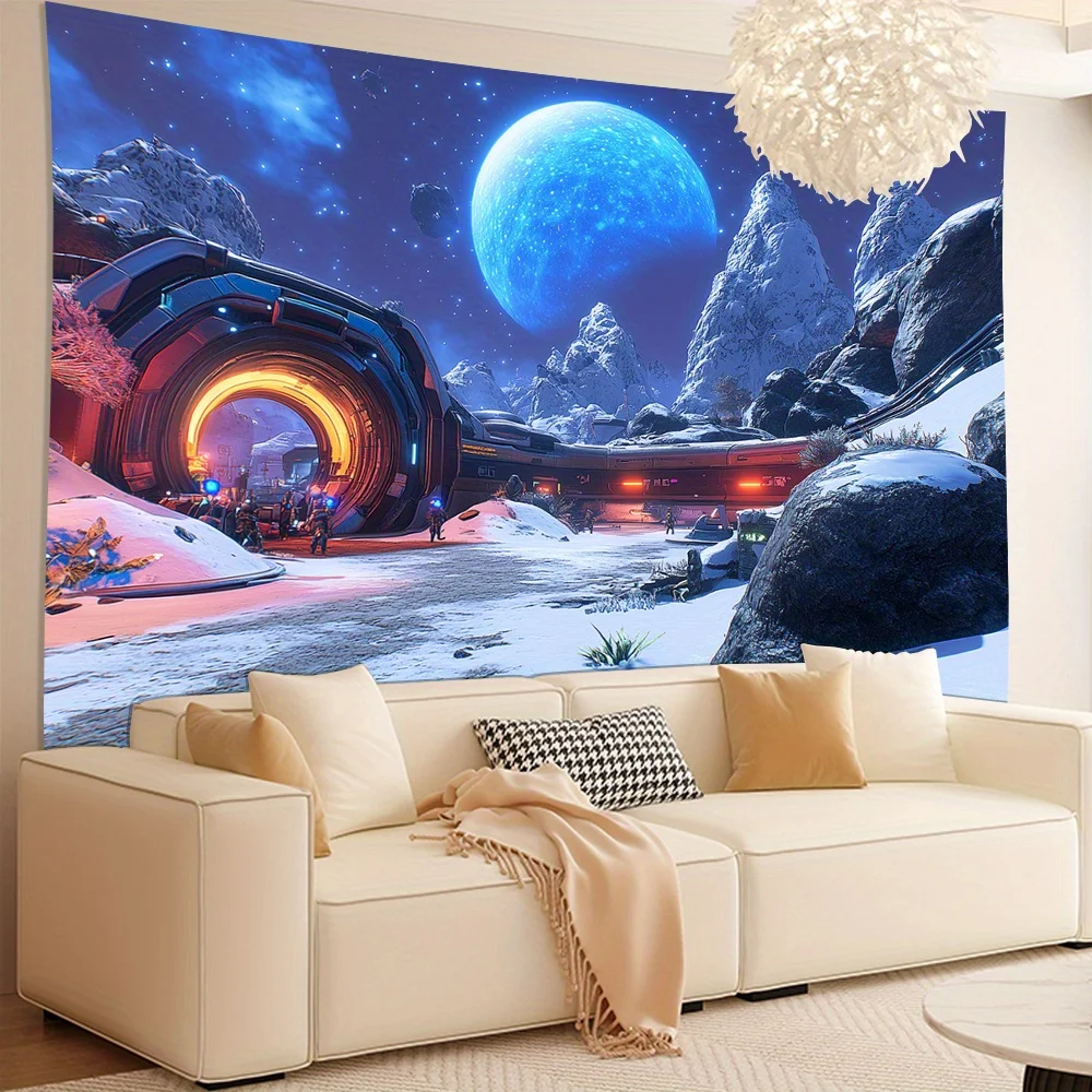Space Colony Tapestry, Blue Planet and Sci-Fi Architecture, Futuristic Wall Art for Home Dorm Background