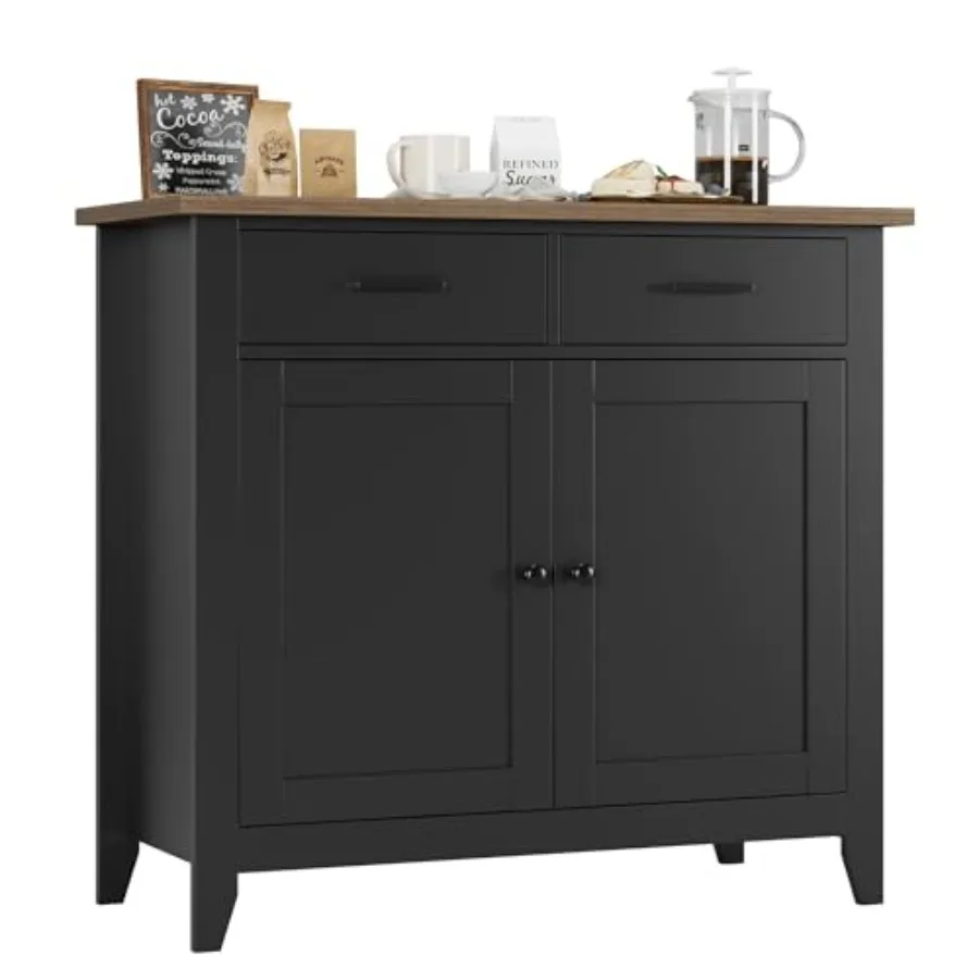 Farmhouse Kitchen Storage Cabinet for Small Spaces, Black Coffee Bar Buffet with Rustic Charm and Ample Shelving