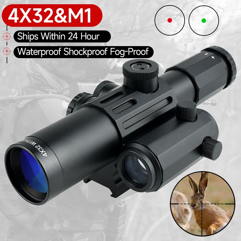 

4X32 Tactical Scope 1x20 Red/Green Dot Combo Rifle Scopes Optics Reflex Sniper Airsoft Air Gun Riflescope for Hunting