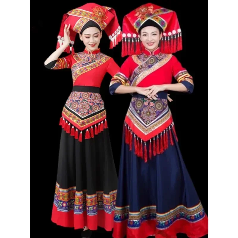 

2024 Chinese Traditional Ethnic Minorities Style Costume Set Female Zhuang Zu Costume Skirt Dance Performance Costume Set