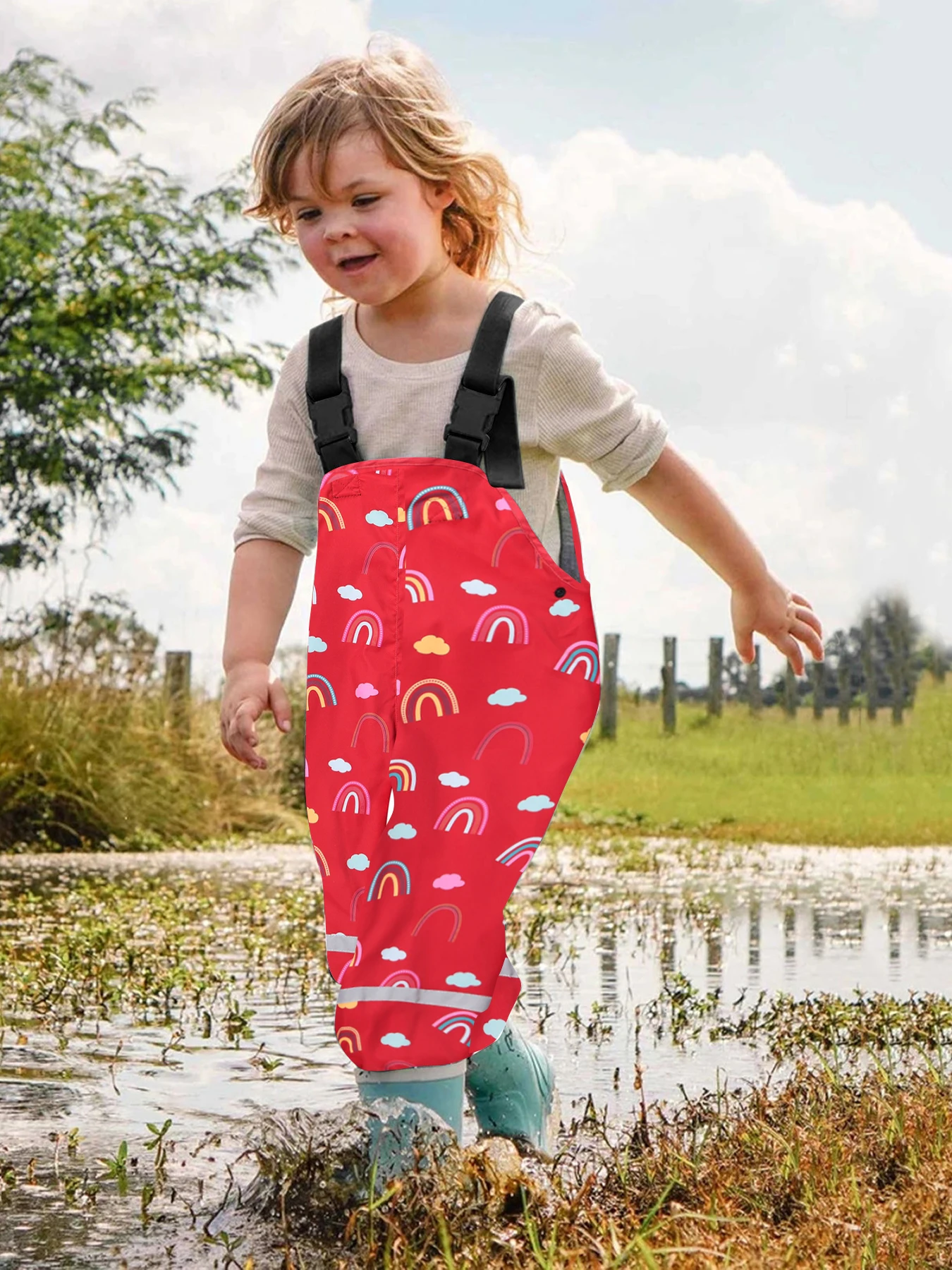 Small and medium-sized boys and girls baby water pants, children's shoulder straps, multi-color printed rain pants, outdoor assa