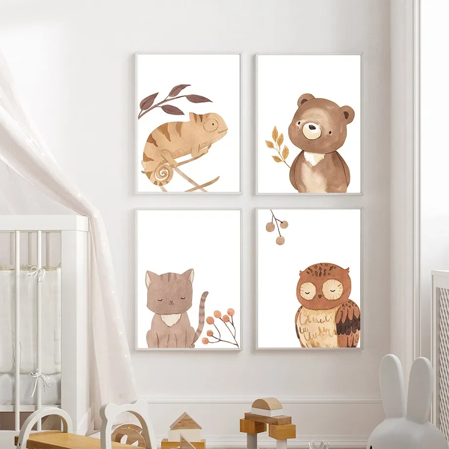 Boho Animals Wall Art Canvas Painting, Nordic Posters and Prints, Chameleon, Bear, Owl, Rainbow, Nursery Wall Pictures, Kids Roo