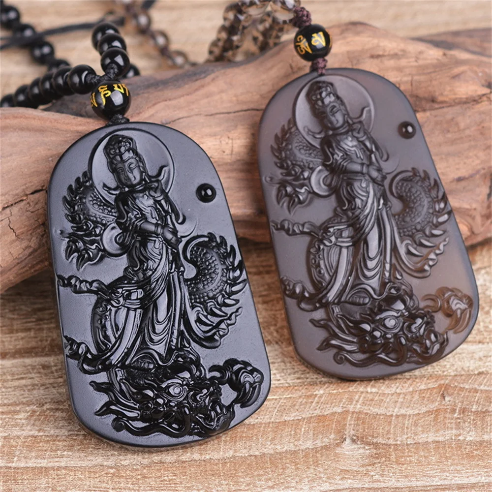 

Natural Ice Black Obsidian Carved Chinese Dragon GuanYin Blessing Lucky Pendant Amulet Beads Necklace Trendy Gift Jewelry