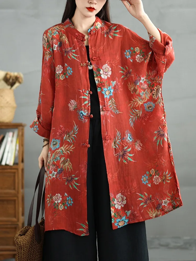 

Ретро этнический Sle Long Sve хлопок и лен irt женский осенний свободный крой плюс размер с принтом на пуговицах открытый кардиган топ