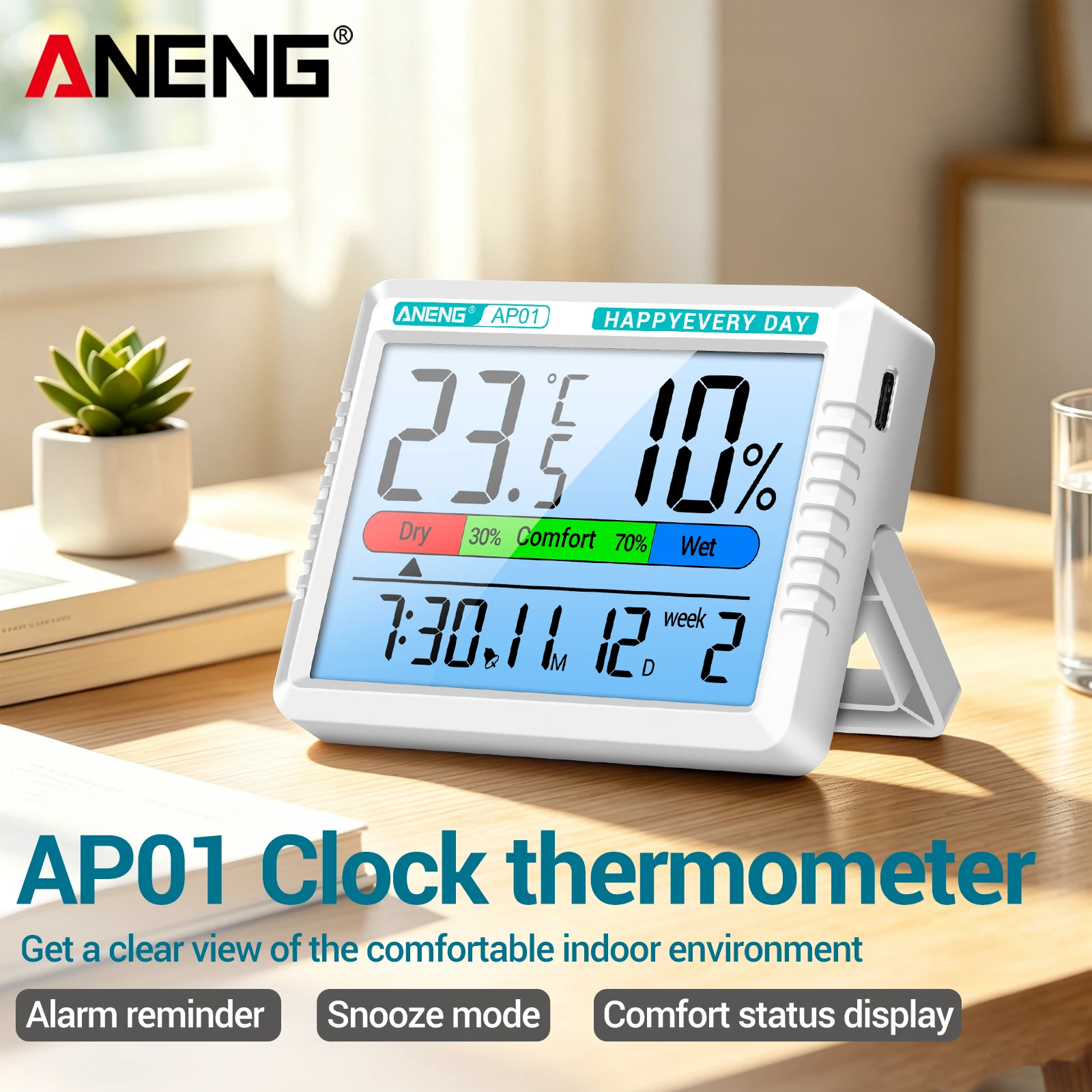 ANENG AP01 Multifunctional Rechargeable Temperature and Humidity Timer Calendar Alarm Clock Monitor Suitable for Home Offices