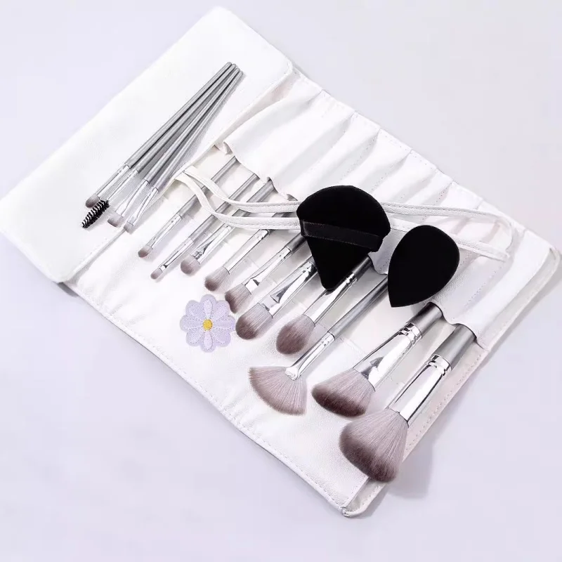 14pcs Silver Makeup Brushes Set Powder Grey Blush Concealer Foundation Eyeshadow Eyeliner Eye Cosmetics Face Beauty Tools