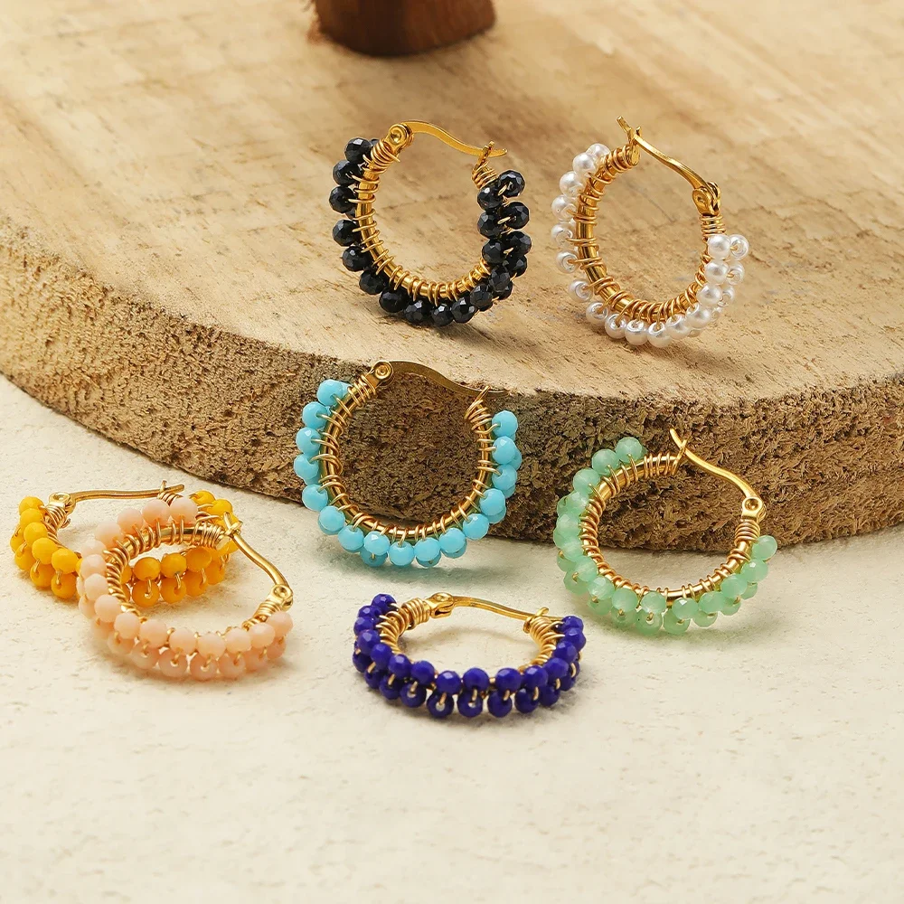 1 Pair Stainless Steel Hoop Earrings Crystal Beads Winding Earrings Fashion Gold-plated Earrings Women Trend Jewelry Gifts Bulk