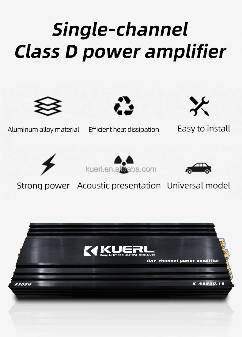 K-A2500.1D Hot New 12V 2500W High Power Class D Monoblock Digital Car Audio Amplifier Made of Aluminium Material Single Channel