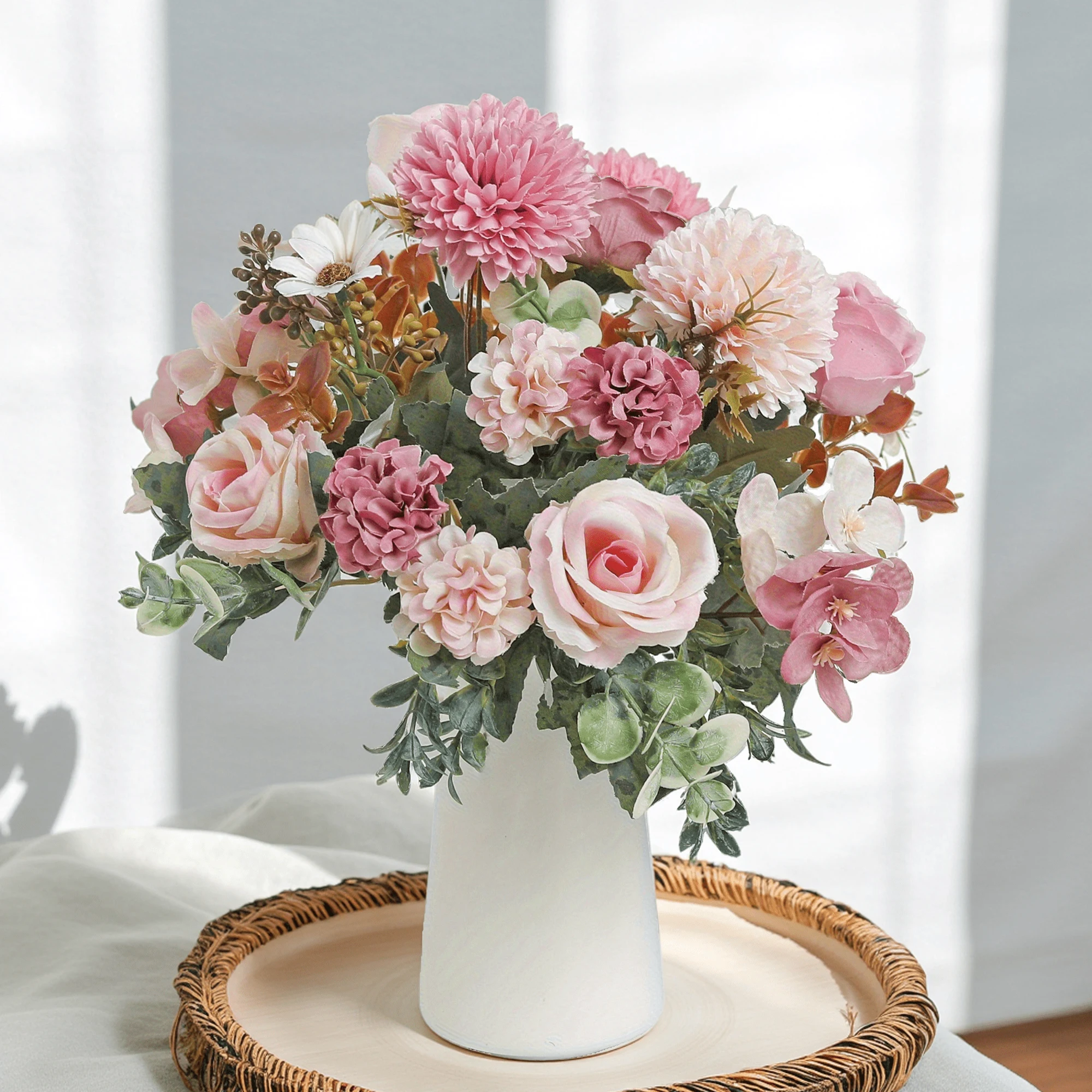 باقة الورد الفاوانيا الزهور الاصطناعية لزفاف العروس اكسسوارات الديكور طاولة غرفة المنزل الحرفية زهرة الهندباء الكوبية