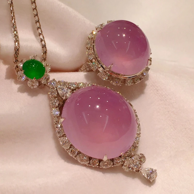 Natural Ice seed Jade Chalcedony Violet colour Large Necklace Ring Romantic and Creative Sweet Wedding Engagement Jewelry Sets