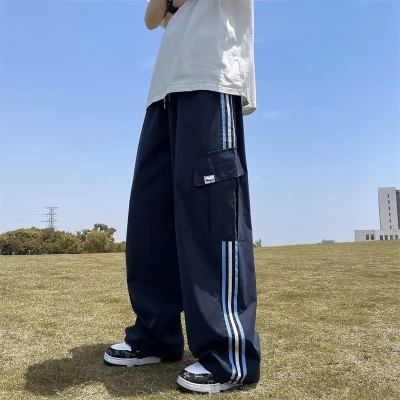 Men's Dark Blue Hip Hop Pants High Street American Style Loose Retro Overalls Couple Side Stripes Straight-Leg Pants boy