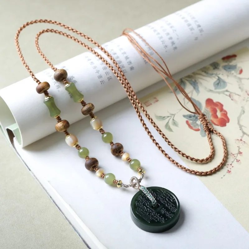 Natural Hetian Jade Mountain Ghost Coin Peace Buckle Necklace Hand Woven Green Agarwood Cord Gifts