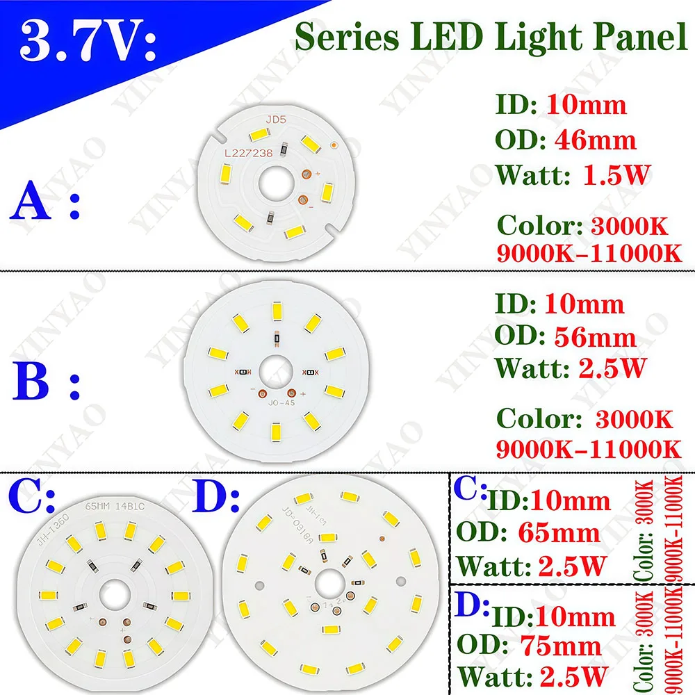 5PCS 3.7V 46mm 56mm 65mm 75mm Light Board Cool White Warm White with 15-Centimeter Cables Light Source For DIY Desk lamp