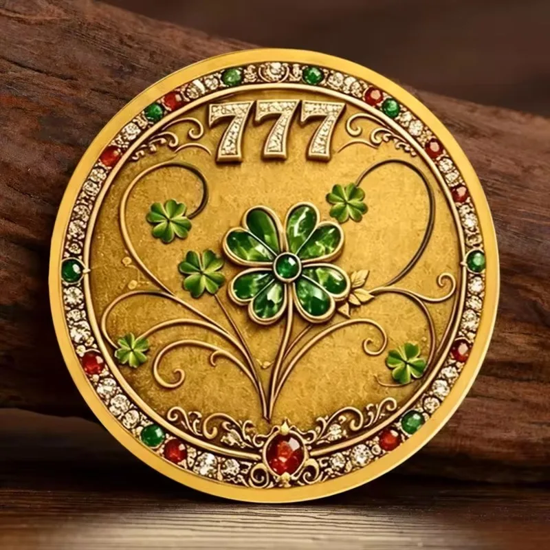 2D Lucky Bee Four-leaf Clover 777 Gold Plated Souvenir Coin Lucky Follows You Faith Destiny Collection Token 40mm Round