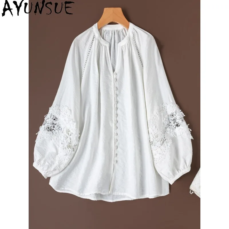 

AYUNSUE 76% Silk Women's Blouses and Shirts Hollow Out White Blouse Femme Long Sleeve Tops for Woman Clothes High Quality 블라우스