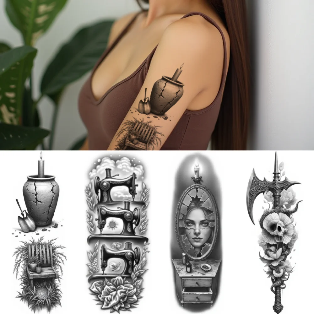 3pcs Temporary Tattoo Urn With Candle Realistic Temporary Tattoos Sewing Machines Keyhole Black And Grey Realism For Thighs