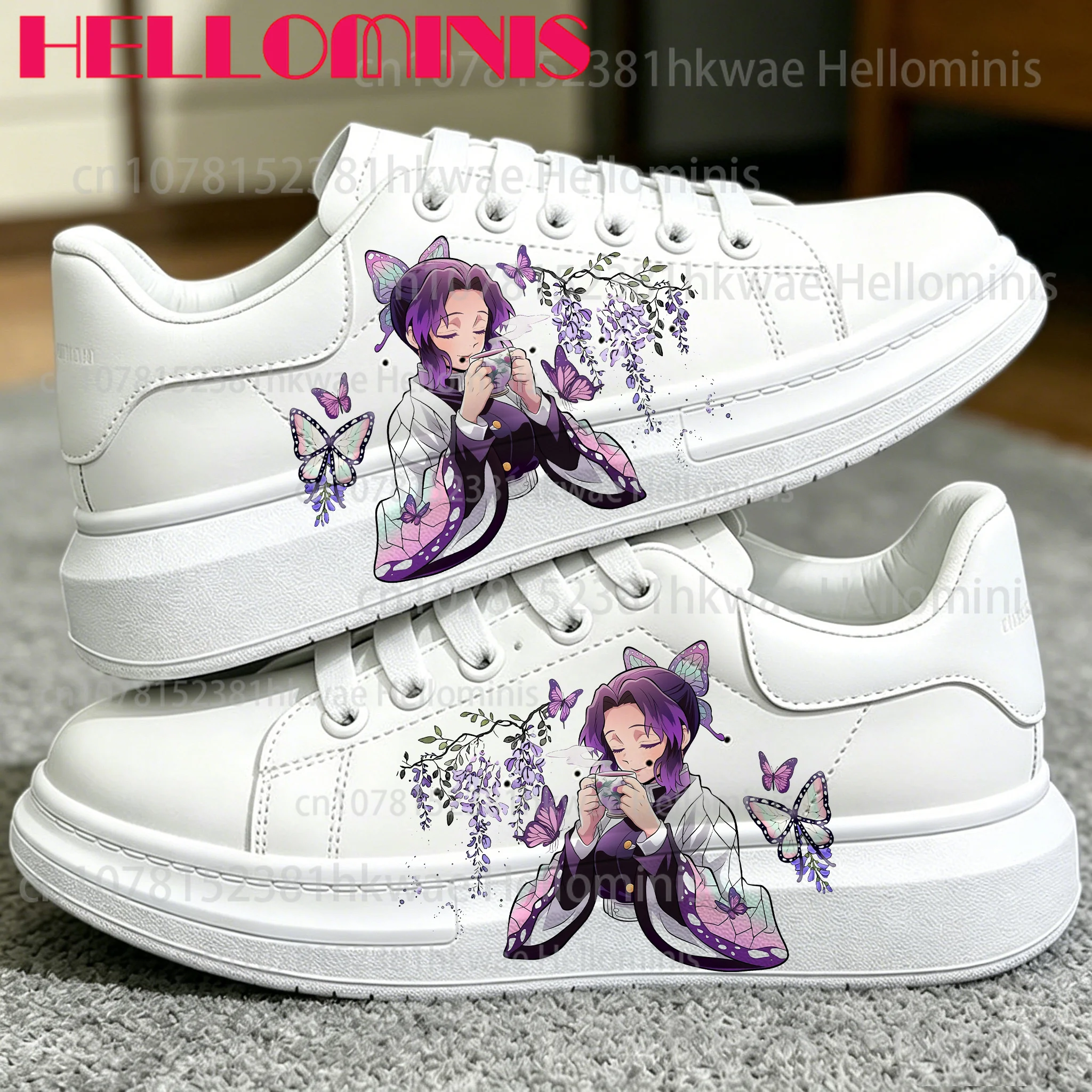 

Size 35-44 Anime Figure Kochou Shinobu Woman Adult Shoes Purple Graffiti Design Durable Leisure Platform White Shoes