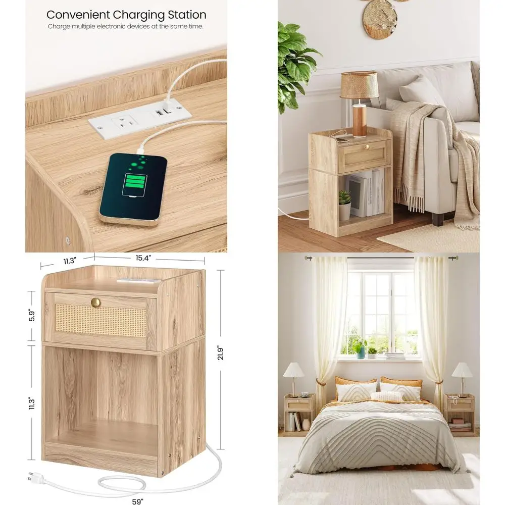 

Комплект из 2 прикроватных тумбочек из ротанга с зарядной станцией, прикроватные тумбочки в стиле бохо, ящики для хранения, USB-порты для спальни