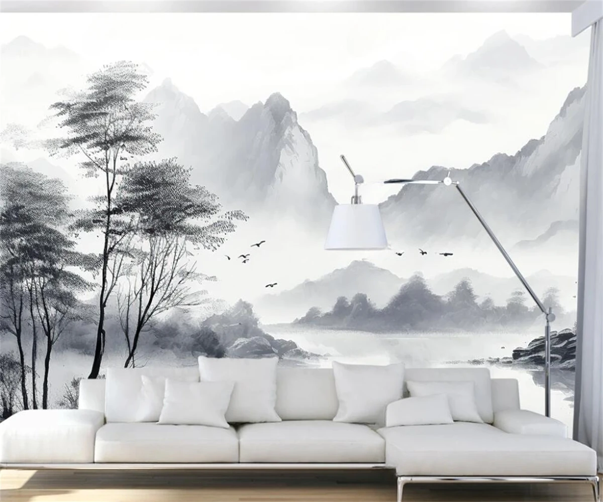 Custom wallpaper Chinese ink landscape simple living room sofa background wall black and white gray home decoration 3d wallpaper