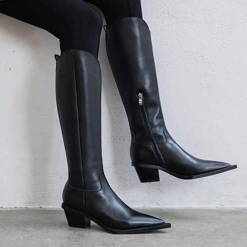 Krazing Pot Winter Genuine Leather Zipper Long Boots Pointed Toe High Heels European Lazy Design Keep Warm Knee-high Boots L88