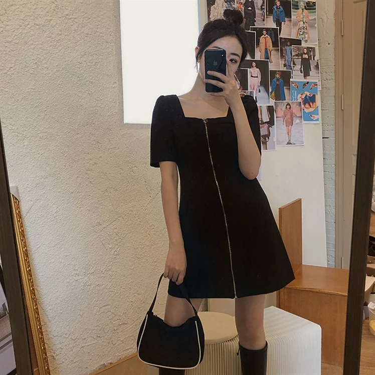 

Летнее платье Hebe Sle с квадратным вырезом, стройнящее, в стиле «сладкий и пикантный», больших размеров, черное, А-силуэт, корейская версия, с коротким рукавом