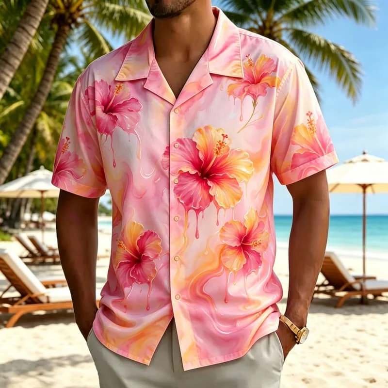 Men's Fluid Drop Glue Art Printed Hawaiian Shirt, suitable for summer beach trips, daily wear, parties, and weekend short trips