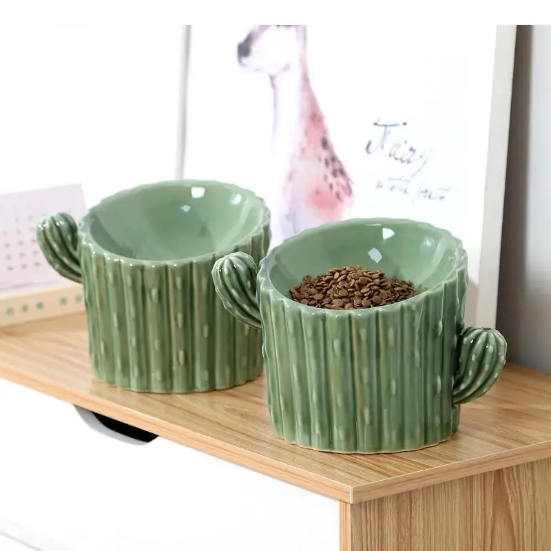 Simulation Cactus Ceramic Pets Feed Bowl Water Dispenser Pet Fountain Porcelain Shape Feeder Buffet