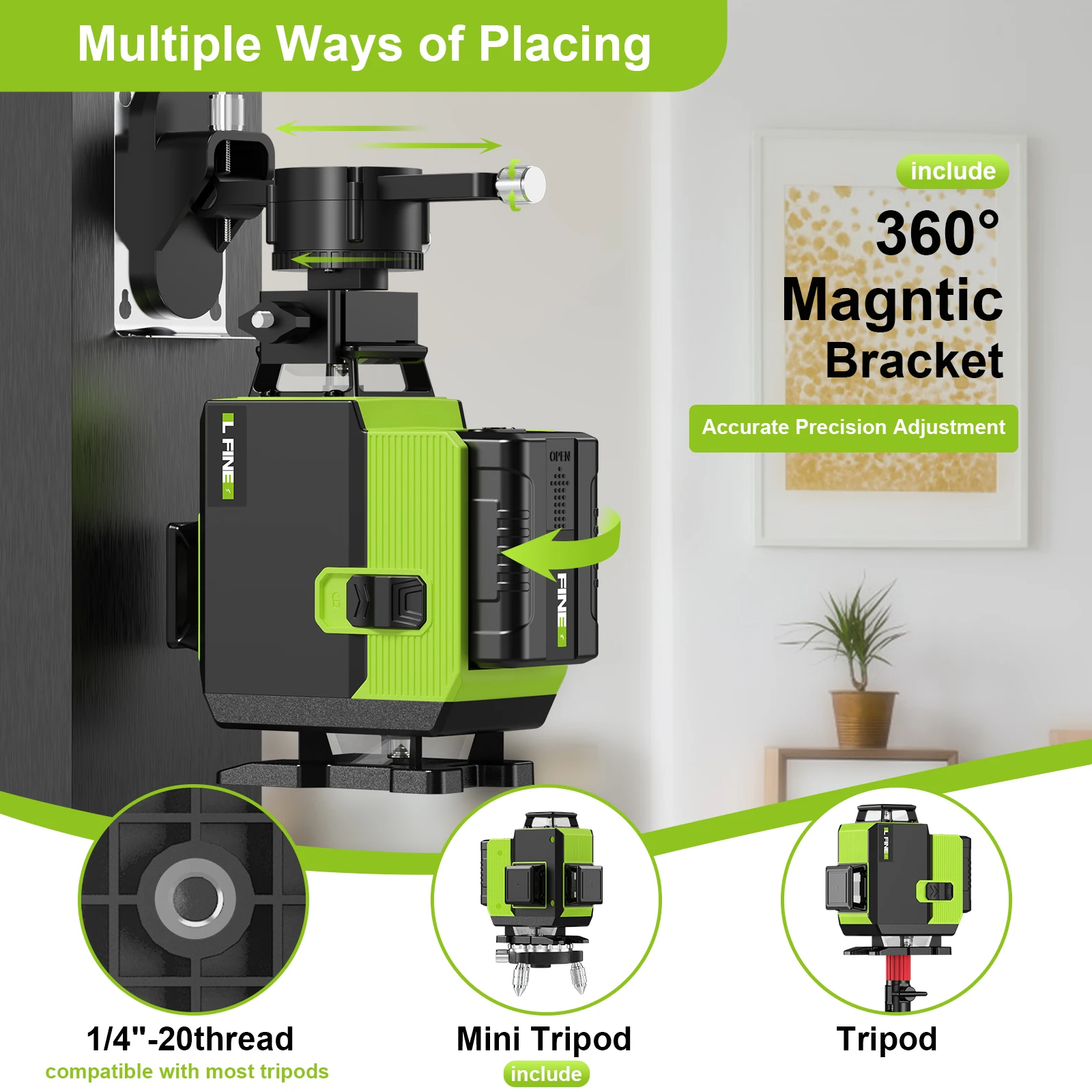 LFINE-4D Green Light Laser Level, 12, 16 Line, 360 °, Horizontal, Vertical, Auto-Nivelamento, Alta Precisão, Linha Cruzada, Bateria de Lítio