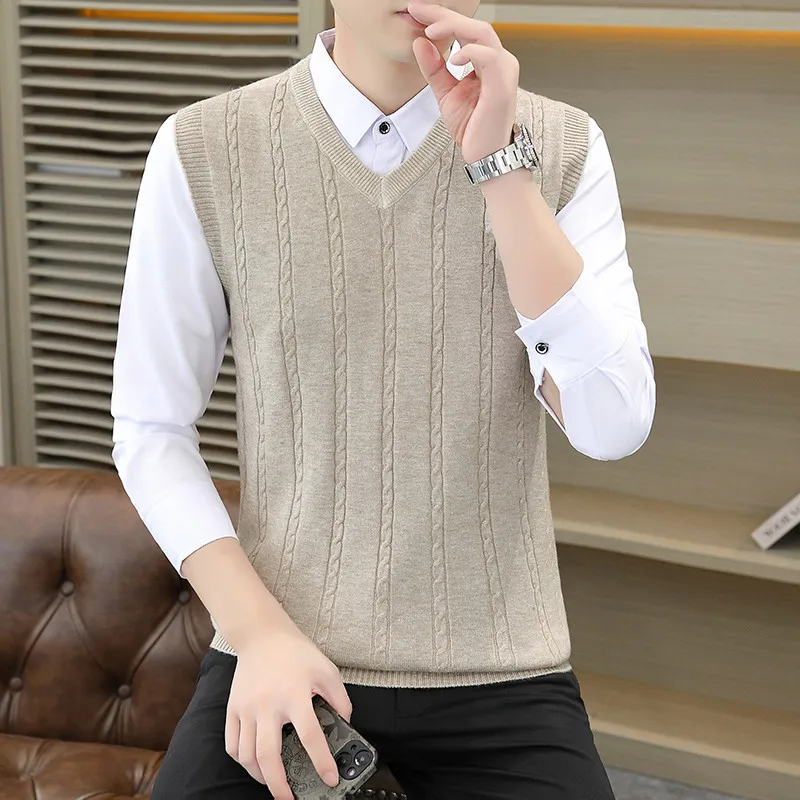 Classic Cable Knit Men V Neck Sweater Vest Sleeveless Knitted Waistcoat Business Casual Daily Wear